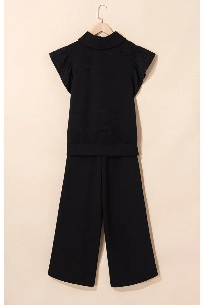 Black Textured Ruffled Sleeve Zipped Top and Wide Leg Pants Set - Love Salve